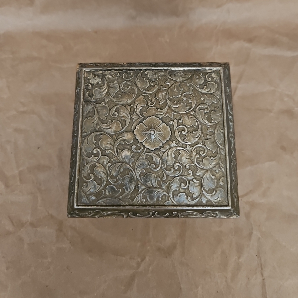 Vintage Ornate Silver Plate Square 4x4 Music Jewelry Trinket Box w/Yellow Lining
